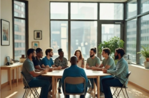 Group therapy session showing what happens in rehab with supportive treatment community at Sanative Recovery